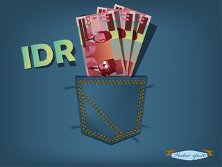vector illustration of indonesian rupiah in the pocket of blue jeans
