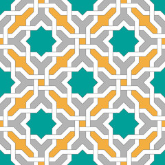 Islamic geometric ornaments based on traditional arabic art. Oriental seamless pattern. Muslim mosaic. Colorful vector illustration. Teal, gray and yellow arabian tile. Mosque decoration element.