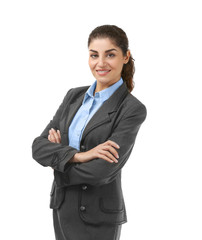 Young beautiful businesswoman on white background