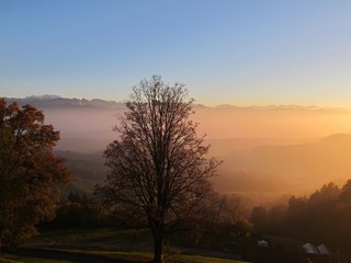 Fototapeta na wymiar Herbstnebel in den Schweizer Voralpen