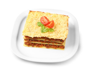 Italian lasagna on  plate, white background