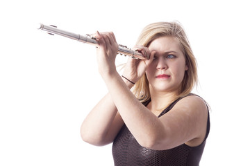 young blond woman and flute against white background © ahavelaar