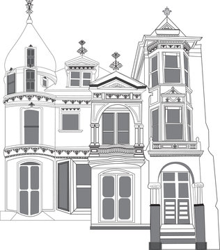 Whimsical hand drawn of world famous painted ladies in San Francisco, California