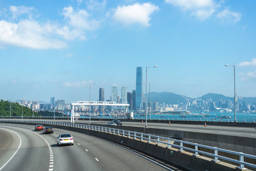 Fototapeta na wymiar View of Hong Kong from the Stonecutters bridge