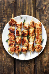 Grilled chicken kebabs, top view