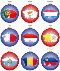 Set of icons. Christmas tree balls with flags of the Europe. Vector. 3D.
