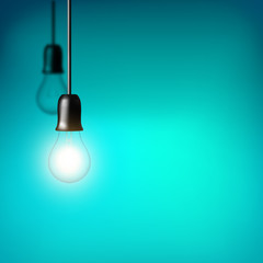 Vector Light bulb on blue green background. Realistic style lamp.