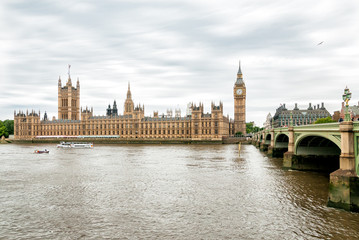 Fototapeta na wymiar London - view of Thames river, Big Ben clock tower, Houses of Parliament and Westminster bridge, United Kingdom.