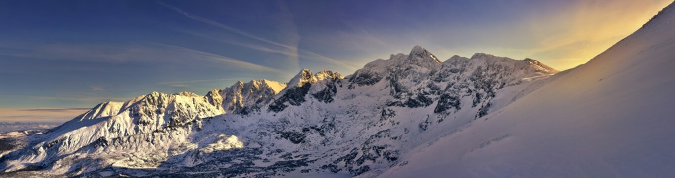 Panoramic view of the snow covered Tatra mountain