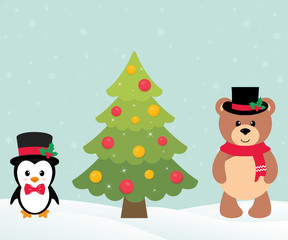 cute penguin with christmas fir tree and bear