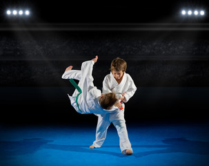 Boys martial arts fighters in sports hall © Boris Riaposov