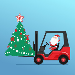 Cute santa claus drives forklift truck loading christmas tree and gift boxes. Cartoon Vector Illustration
