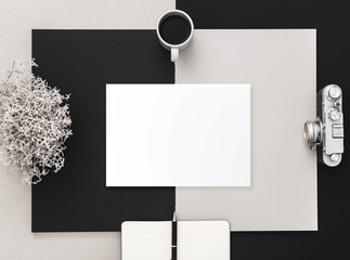 Office desk with camera and cup of coffee. Flat lay.