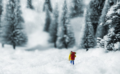 Naklejka na ściany i meble Miniature backpacker walking in pine forest during winter