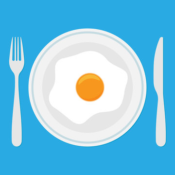 Plate with fried egg icon in flat style