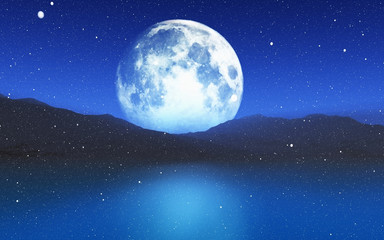 3D snowy landscape with moon