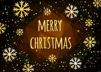 Merry Christmas card with golden snowflakes. Abstract winter vector background. Easy editable modern template.