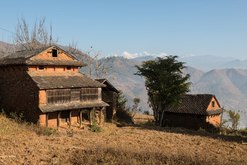 Agricultural fields with village in Annapurna area, Nepal.
