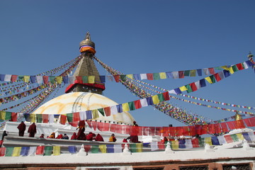 Prayer flags flying on the Boudhanath Stupa. symbol of Kathmandu, Nepal.