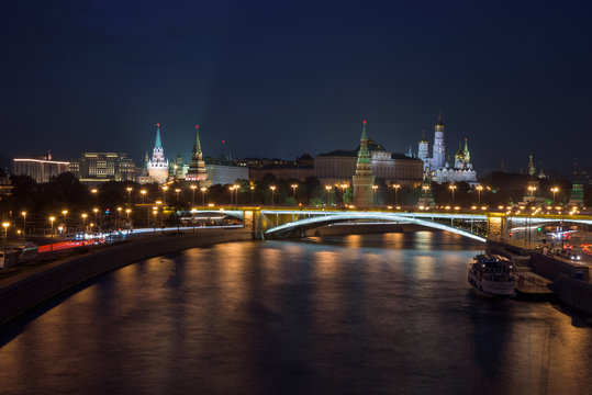 The Moscow Kremlin by night seen across the Moscow river, Moscow, Russian Federation
