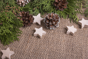 Cones and green branches of on a background burlap.