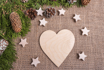 Wooden heart Christmas still life.