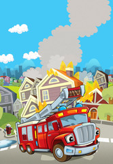 Obraz na płótnie Canvas Cartoon stage with truck for firefighting - colorful and cheerful scene - illustration for children