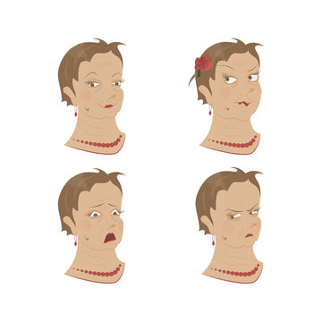Set of Old womans portrait isolated on white background. Different Expression of emotion on her face. Vector illustration