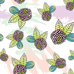 Vector floral seamless pattern background with hand drawn leaves, abstract flowers and brush strokes.