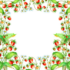 Watercolor card, invitation, frame with vintage pattern strawberries. Red berry. Vintage drawing. 