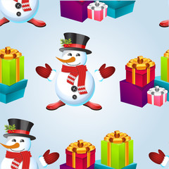 Christmas poster design with snowman characters.Santa Claus.Happy Christmas companions.Vector Christmas.Seamless holiday background .