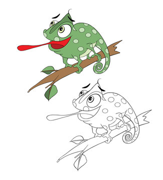 Illustration of a Cute Big Green Chameleon. Cartoon Character. Coloring book