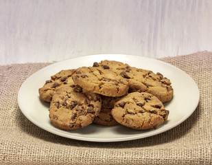 Chocolate chips cookies on plate with copyspace