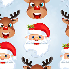 Christmas poster design with snowman characters.Santa Claus.Happy Christmas companions.Vector Christmas.Seamless holiday background .