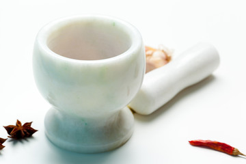 Ceramic Mortar with Pestle and fresh spices