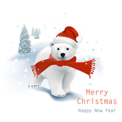 Polar Bear cub with Santa hat and red scarf walking in the snowfall, Christmas tree stands behind.Vector illustration on white background.