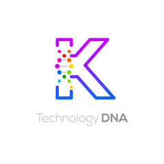 Letter K colorful with abstract biotechnology dna logotype. Medicine, science, laboratory,Technology DNA vector concept