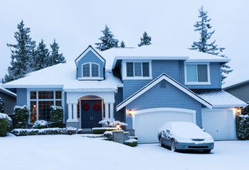 Home decorated for the winter holidays with fresh snow - Powered by Adobe