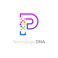 Letter P colorful with abstract biotechnology dna logotype. Medicine, science, laboratory,Technology DNA vector concept