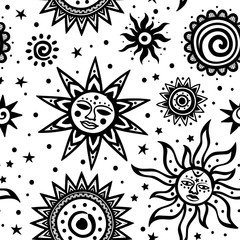 Tribal ornamental sun seamless pattern. Can be used as coloring book, textile , print