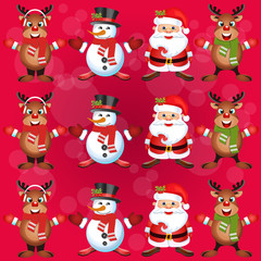 Christmas poster design with snowman characters.Santa Claus.Happy Christmas companions.Vector Christmas.Seamless holiday background .