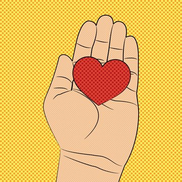 Hand giving heart.Pop art style.Valentine's Day. Vector.