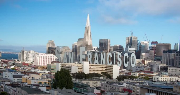San Francisco. Time lapse of panoramic city view of downtown. Rendered with three-dimensional text.