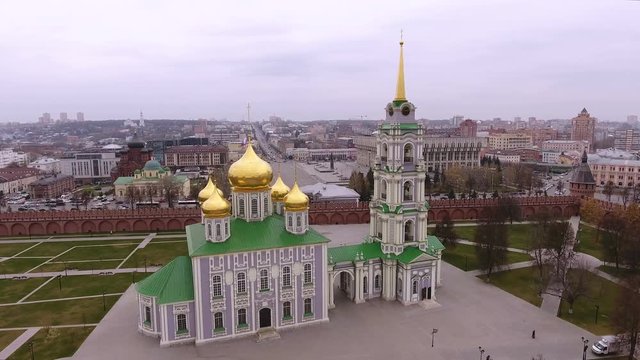 Aerial views of the places of Tula. The Tula Kremlin. The Cathedral of the Assumption. Russia. 4K