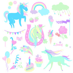 Light green and aquamarine unicorns with  sweets  roses on white background.