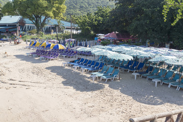 The sunbeds on the beach.