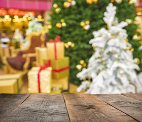 christmas table background with christmas tree,Christmas decorations and gifts