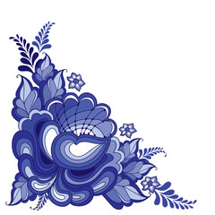 Vector illustration with corner floral motif in traditional Russian style Gzhel isolated on white. Ornate flowers and leaves in blue and white. Floral elements in Gzhel painting for folk craft design