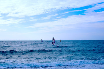 Fototapeta premium Group of windsurfers on boards in wavy sea