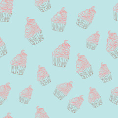 Cupcakes sweets seamless doodle vector pattern hand drawn